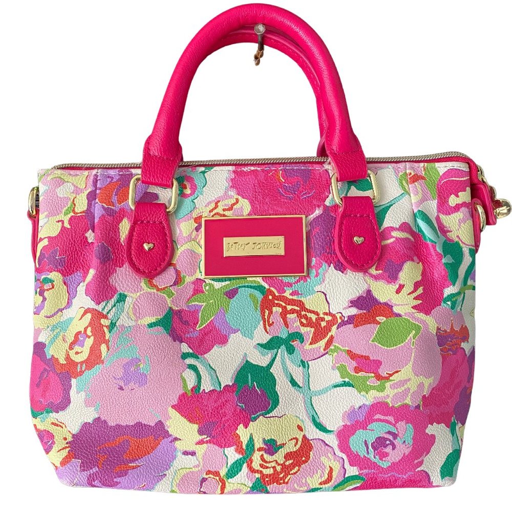 Betsy Johnson Floral Pink and Purple Clutch Purse with Heart Accents